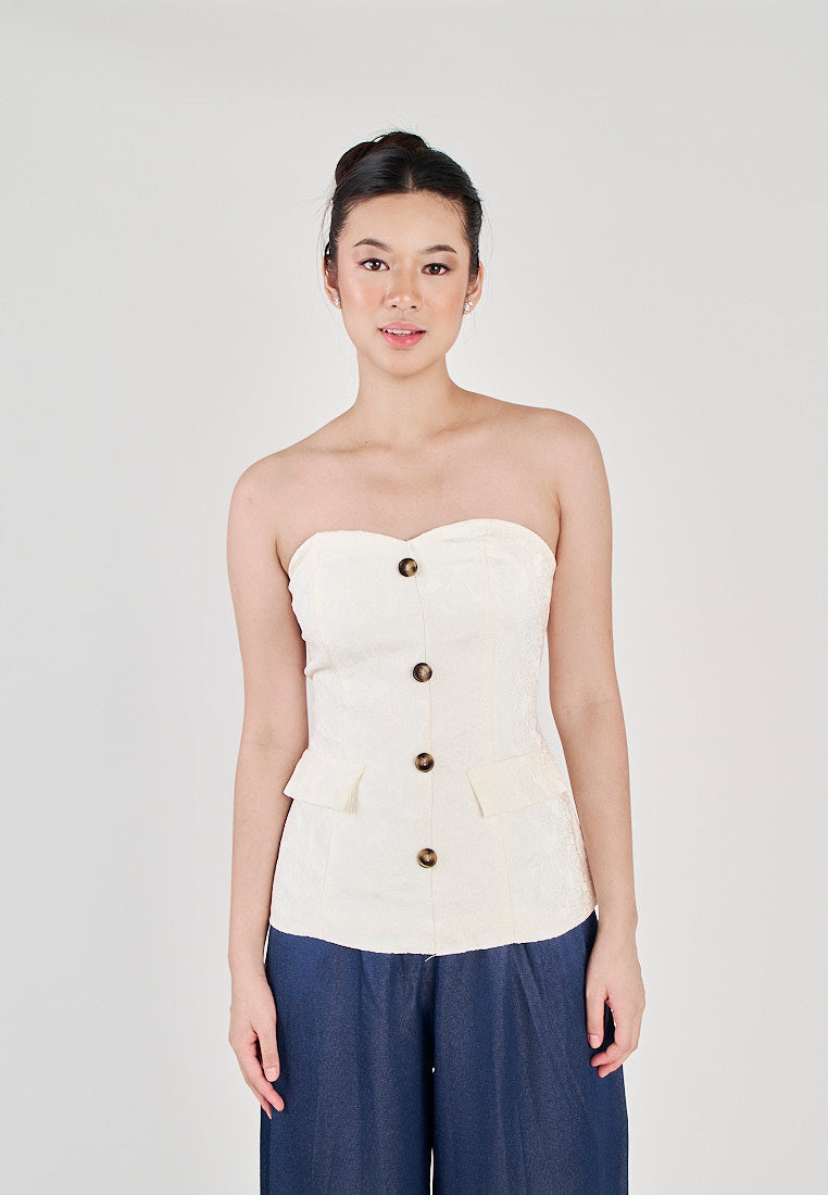 Yelle White Sweetheart Neckline Lined Single Breasted with Embossed Details Tube top
