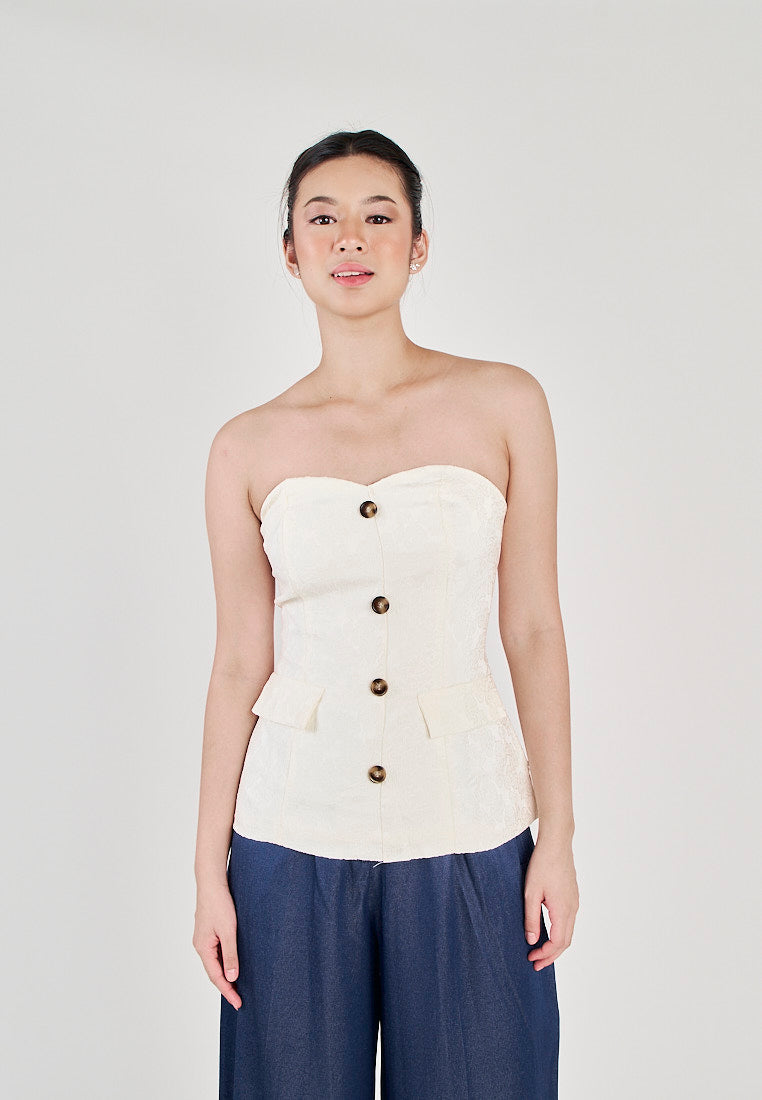 Yelle White Sweetheart Neckline Lined Single Breasted with Embossed Details Tube top