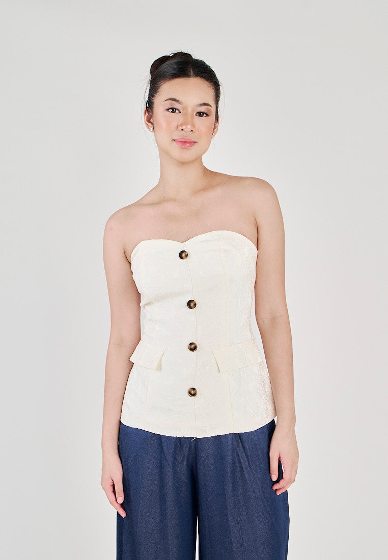 Yelle White Sweetheart Neckline Lined Single Breasted with Embossed Details Tube top