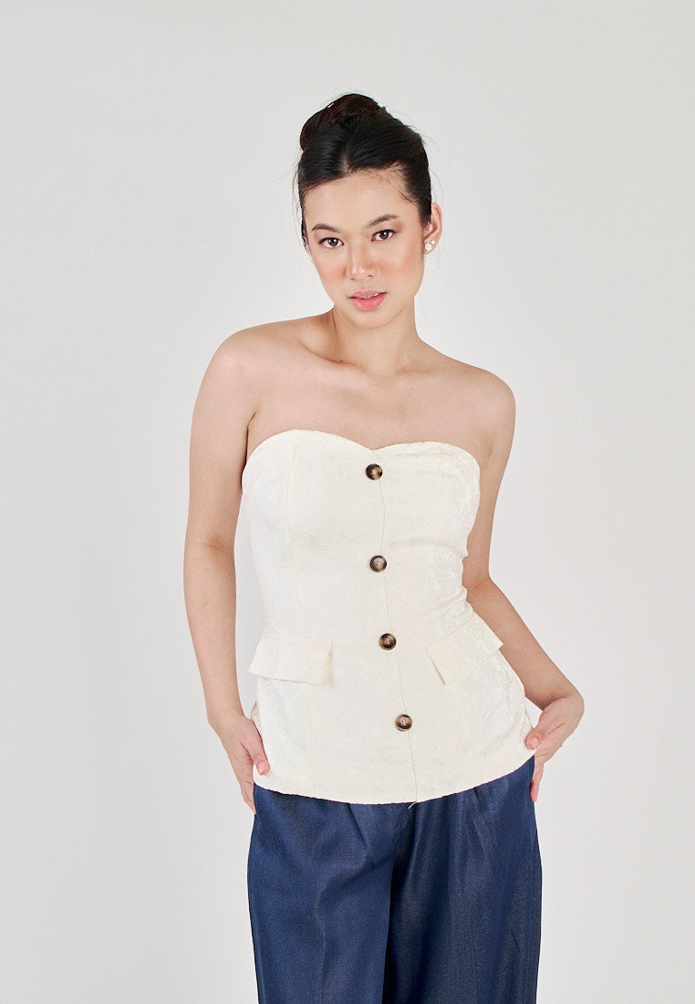 Yelle White Sweetheart Neckline Lined Single Breasted with Embossed Details Tube top