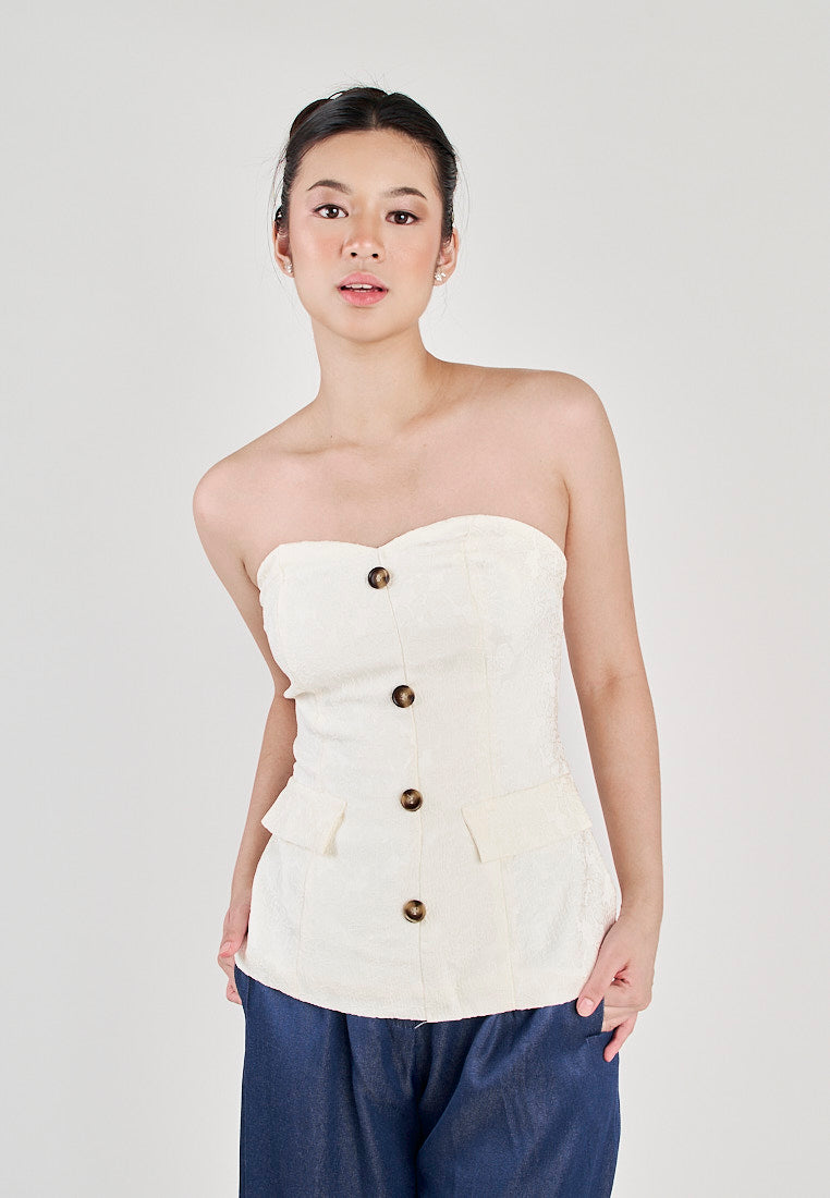 Yelle White Sweetheart Neckline Lined Single Breasted with Embossed Details Tube top