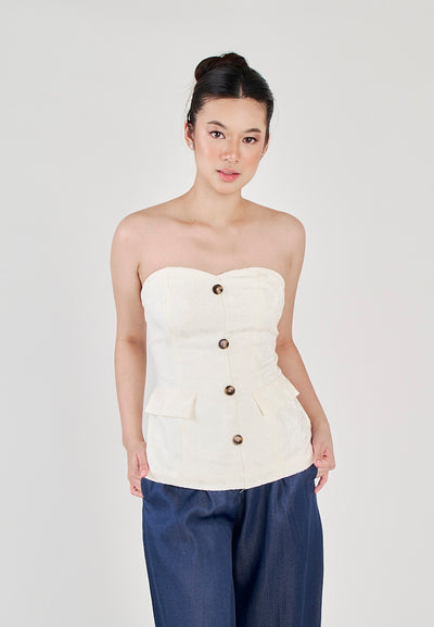 Yelle White Sweetheart Neckline Lined Single Breasted with Embossed Details Tube top
