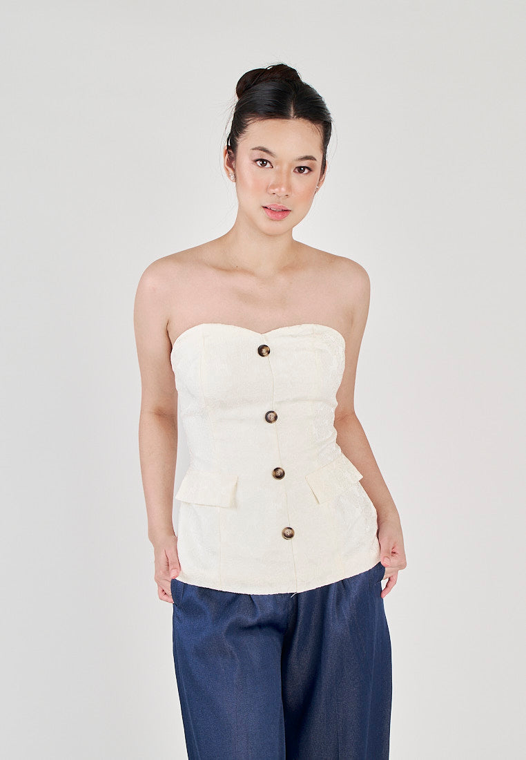 Yelle White Sweetheart Neckline Lined Single Breasted with Embossed Details Tube top