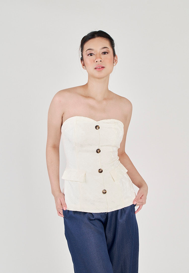 Yelle White Sweetheart Neckline Lined Single Breasted with Embossed Details Tube top