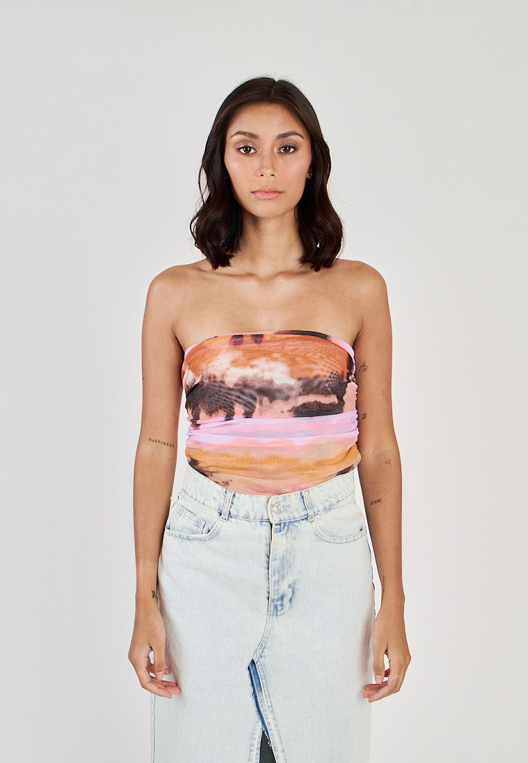 Dixie Multi color Tie Dye Ruched Sides Mesh Tube Top