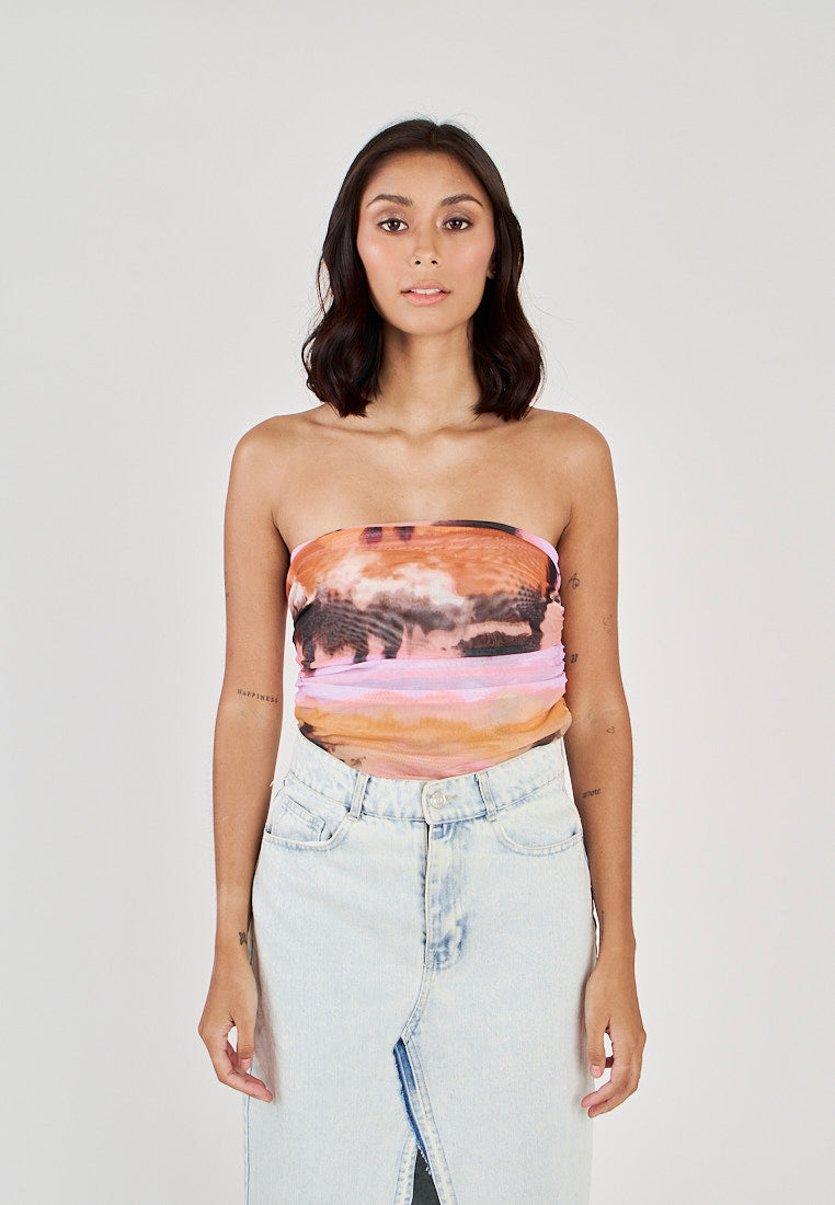 Dixie Multi color Tie Dye Ruched Sides Mesh Tube Top