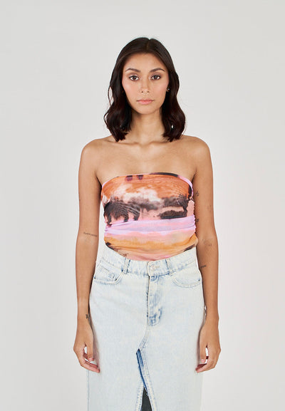 Dixie Multi color Tie Dye Ruched Sides Mesh Tube Top