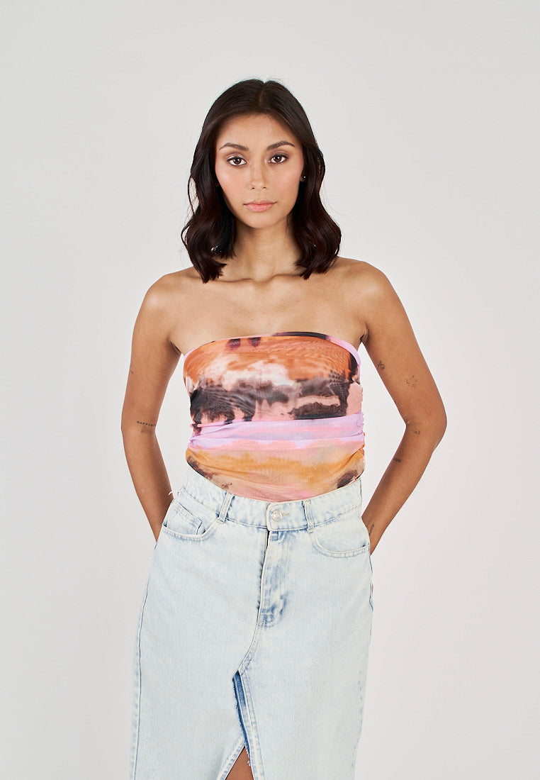 Dixie Multi color Tie Dye Ruched Sides Mesh Tube Top