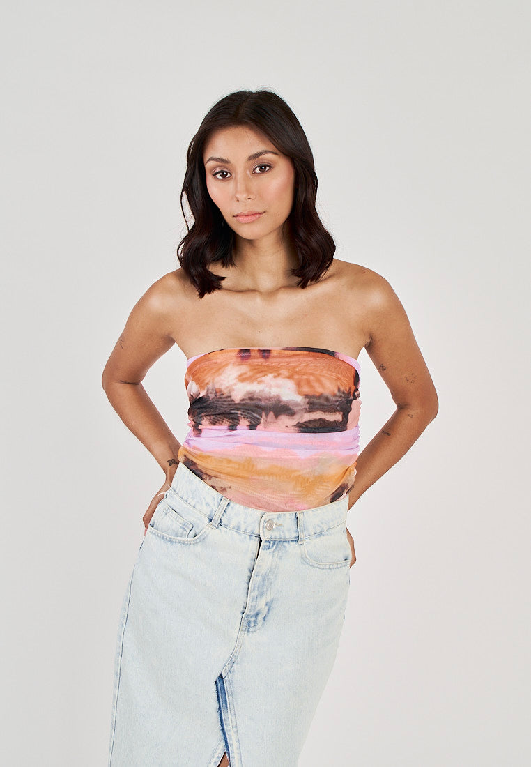 Dixie Multi color Tie Dye Ruched Sides Mesh Tube Top