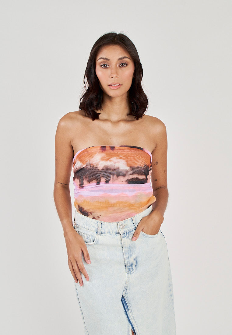 Dixie Multi color Tie Dye Ruched Sides Mesh Tube Top