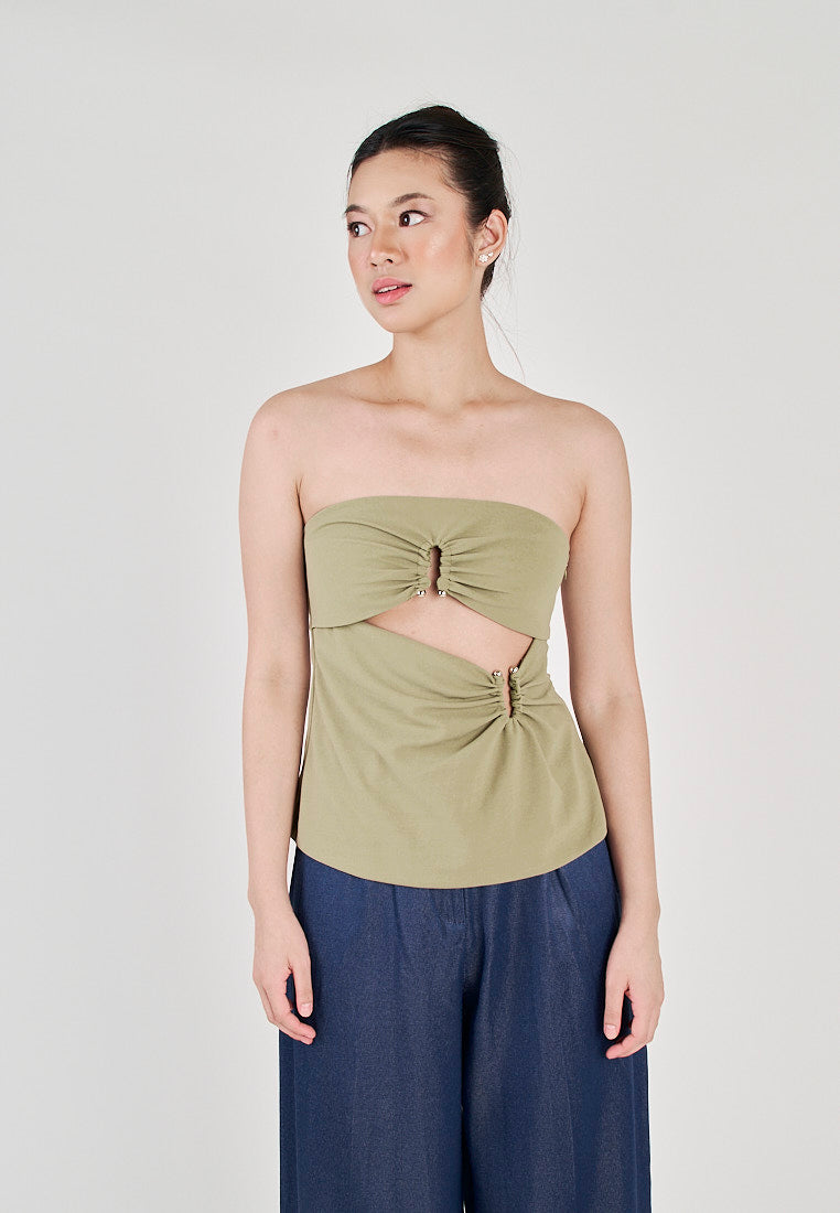 Jeune Sage Ruched Hollow Out Underbust Side Zipper Tube Top