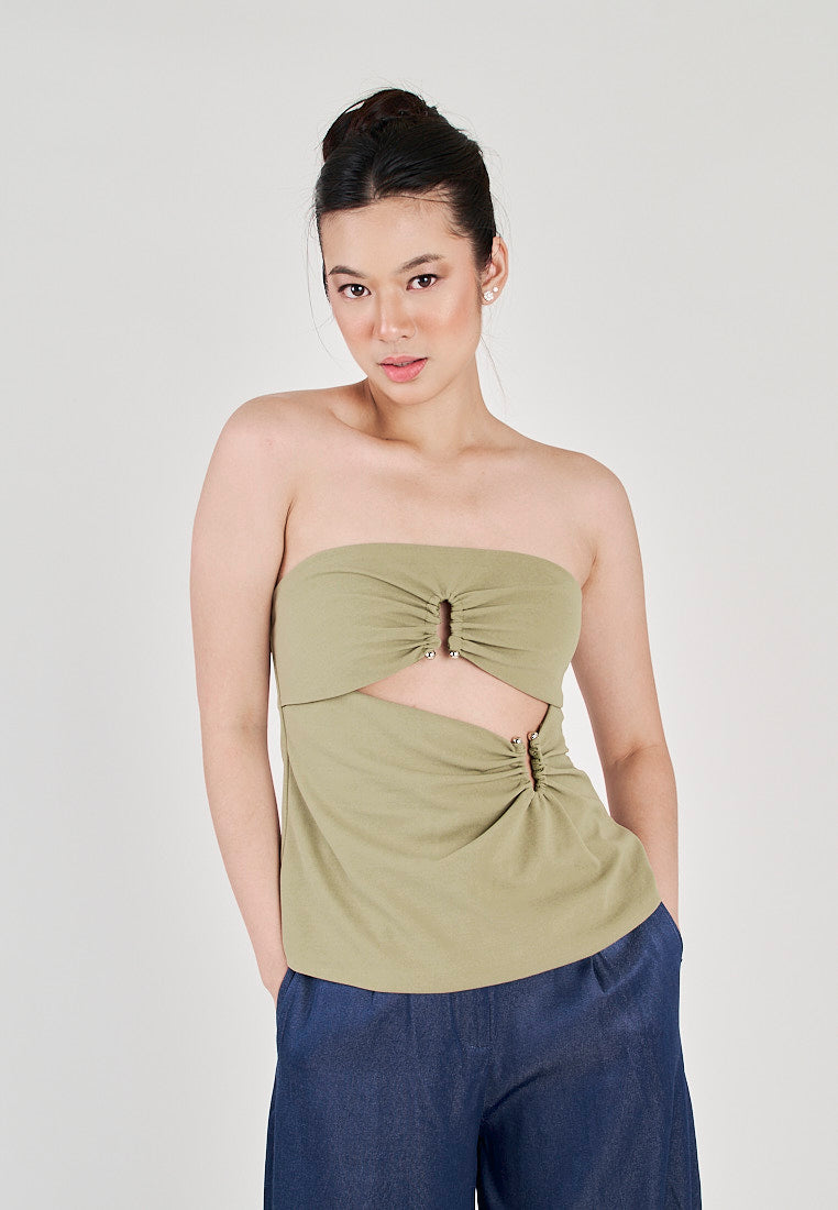 Jeune Sage Ruched Hollow Out Underbust Side Zipper Tube Top