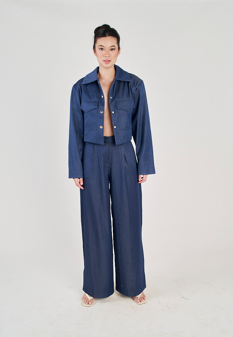 Rhodes Blue Turn Down Collar Buttons Up Front Pocket Long Sleeves Top