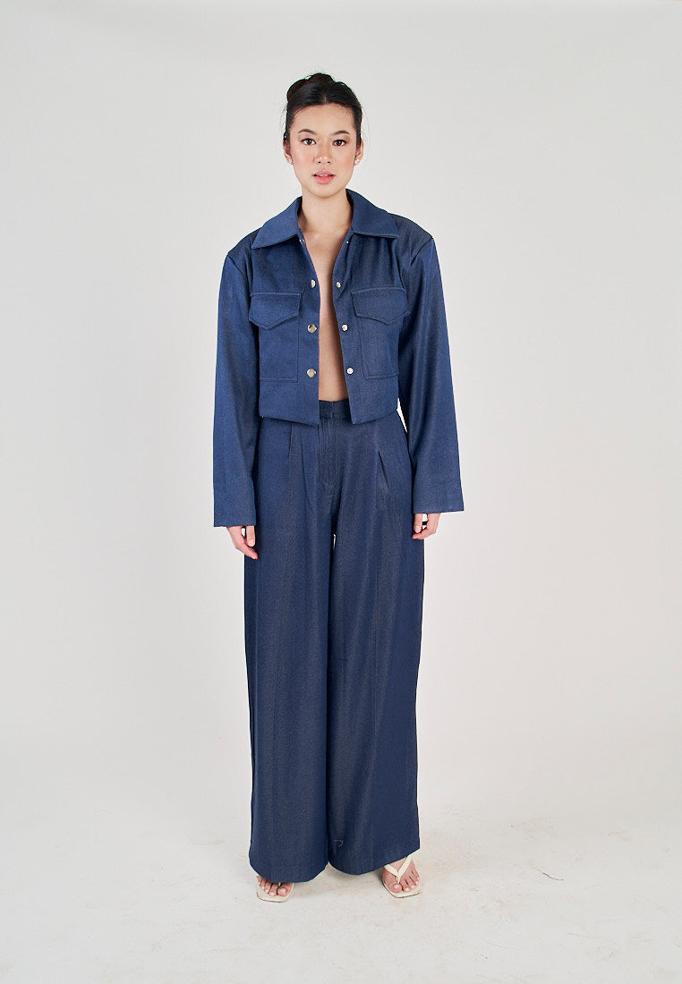 Ryland Blue Zipper Fly Pleated Wide Leg Trouser