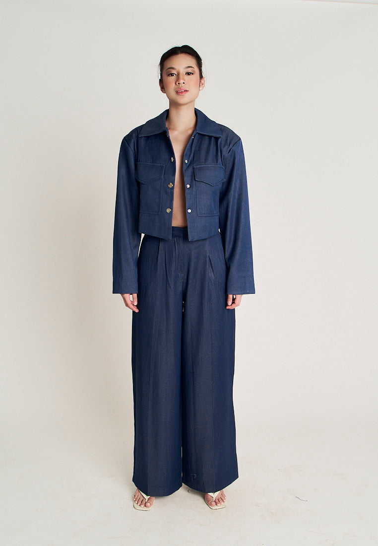 Rhodes Blue Turn Down Collar Buttons Up Front Pocket Long Sleeves Top