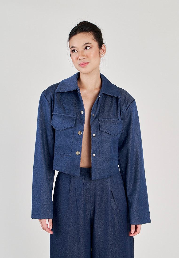 Rhodes Blue Turn Down Collar Buttons Up Front Pocket Long Sleeves Top