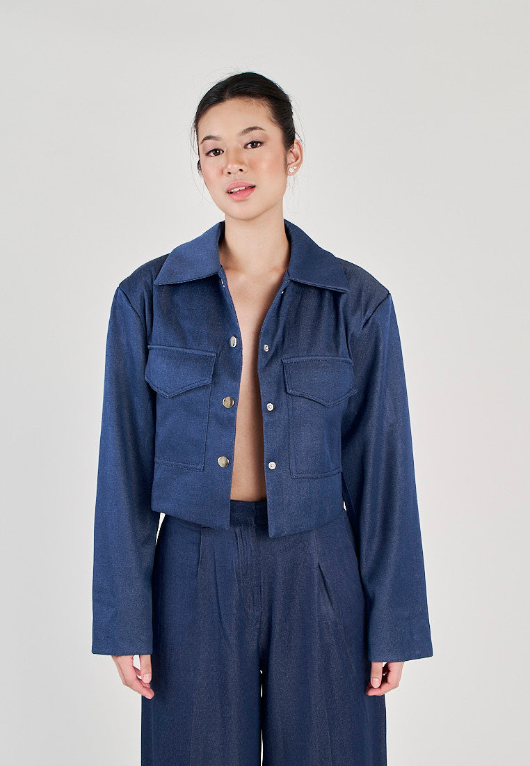 Rhodes Blue Turn Down Collar Buttons Up Front Pocket Long Sleeves Top