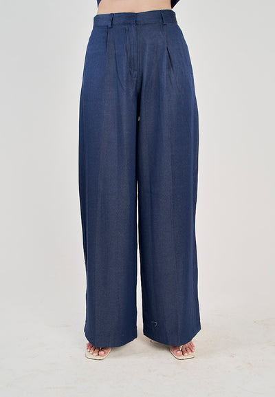 Ryland Blue Zipper Fly Pleated Wide Leg Trouser