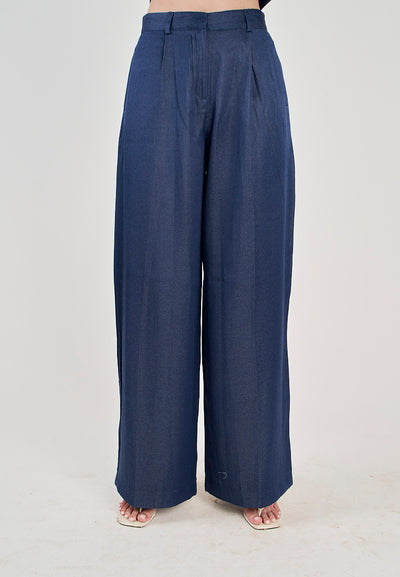 Ryland Blue Zipper Fly Pleated Wide Leg Trouser