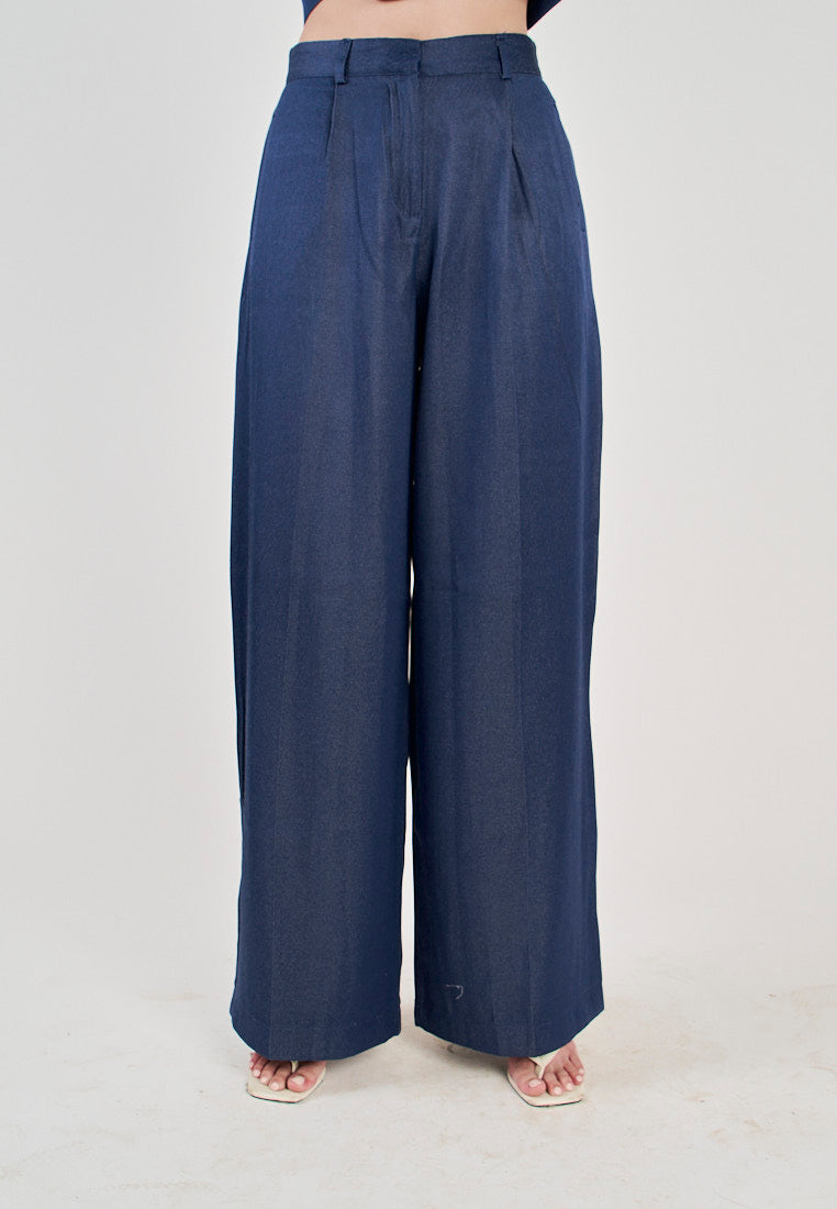 Ryland Blue Zipper Fly Pleated Wide Leg Trouser