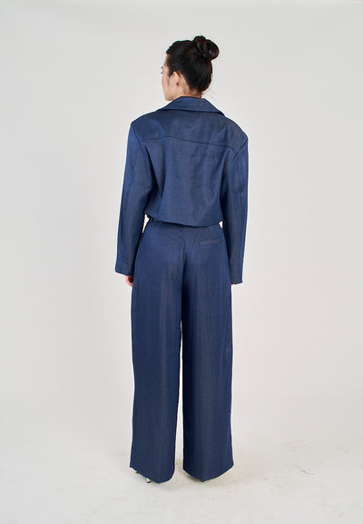 Ryland Blue Zipper Fly Pleated Wide Leg Trouser