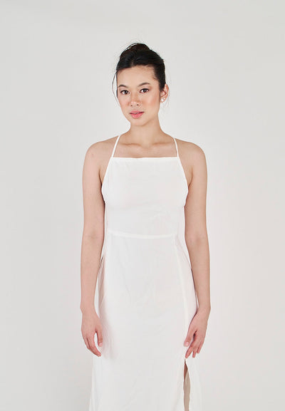 Yori White Sleeveless Open Zipper Back Side Slit Midi Dress