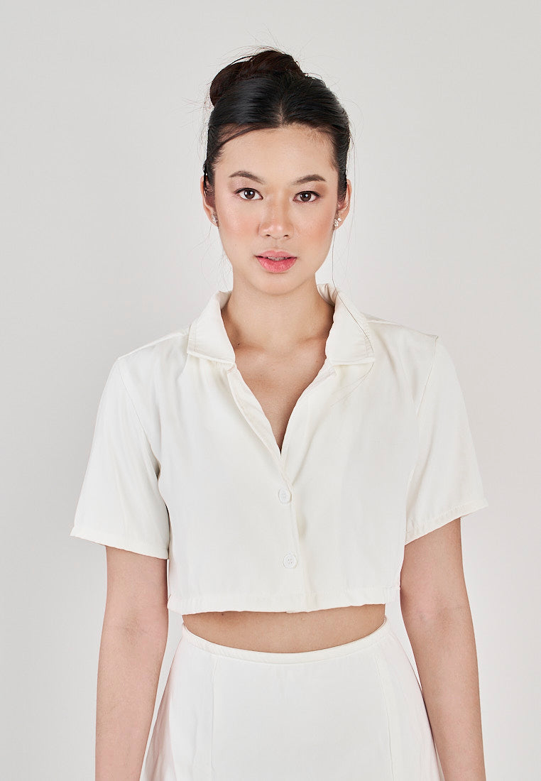 Pham White Collared Two-Button Short Sleeves Crop Top