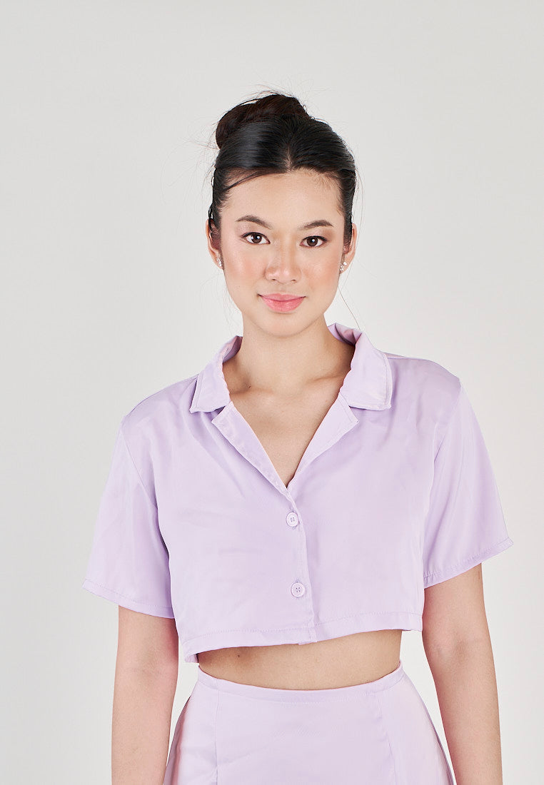 Pham Purple Collared Two-Button Short Sleeves Crop Top