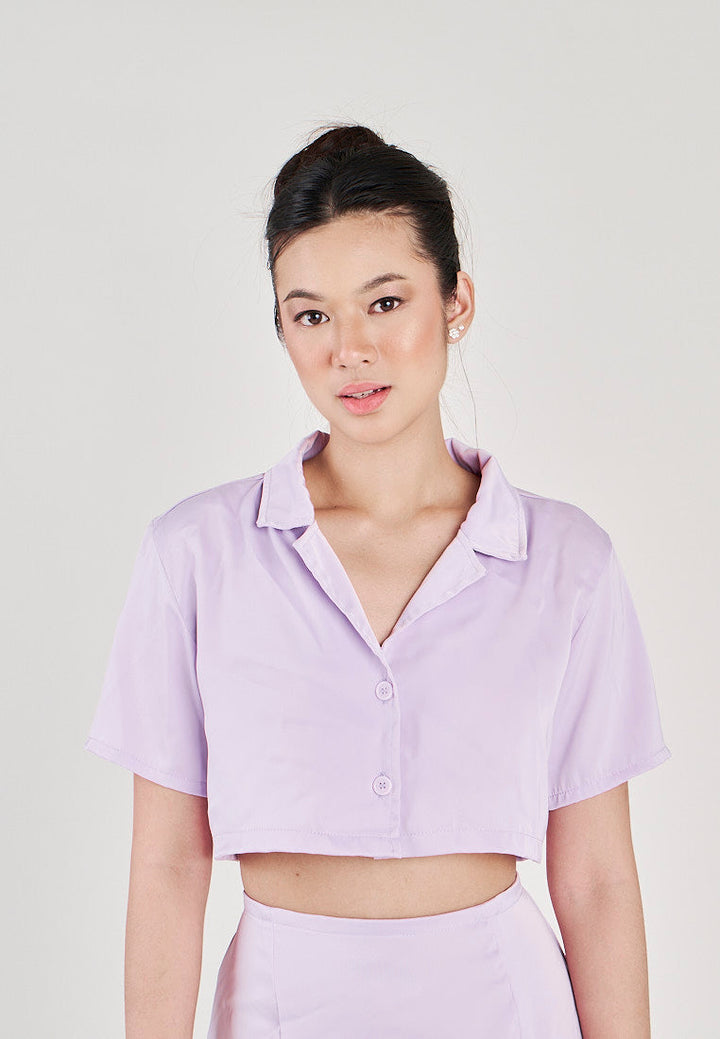 Pham Purple Collared Two-Button Short Sleeves Crop Top
