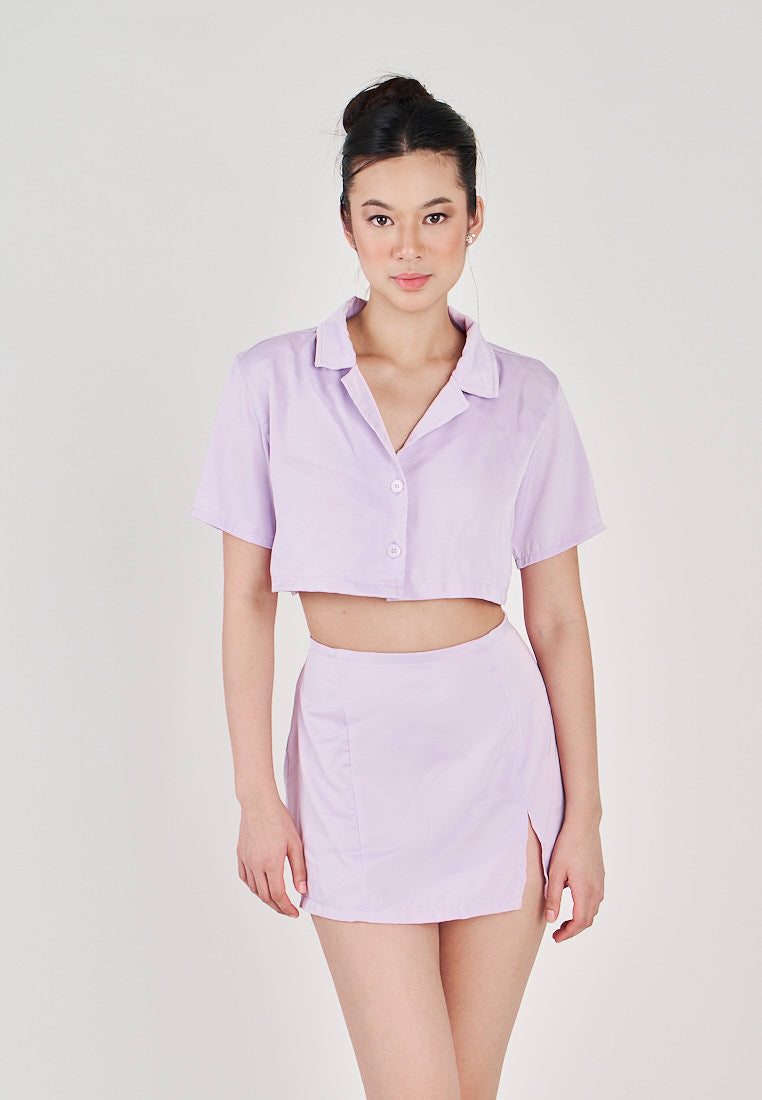 Pham Purple Collared Two-Button Short Sleeves Crop Top