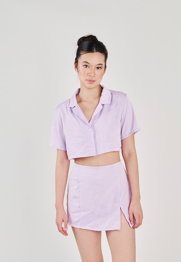 Pham Purple Collared Two-Button Short Sleeves Crop Top