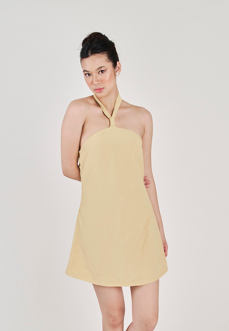 Kumiko Yellow Sleeveless Halter Open Zipper Back Mini Dress