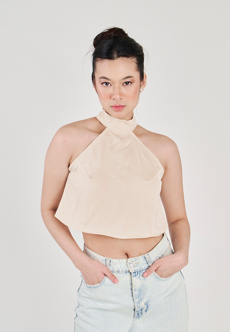 Yumi Beige Sleeveless Turtle Neck Halter Top