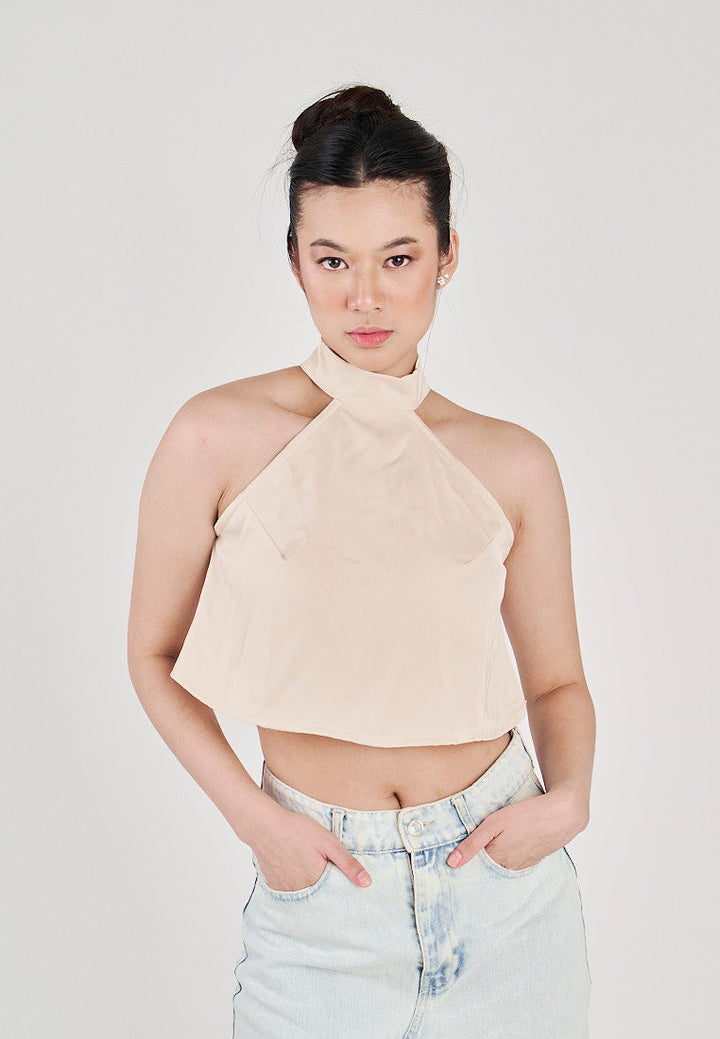 Yumi Beige Sleeveless Turtle Neck Halter Top