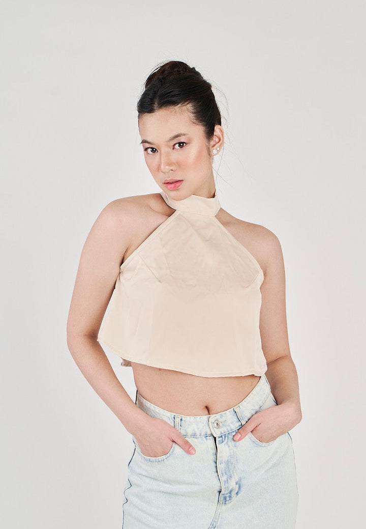 Yumi Beige Sleeveless Turtle Neck Halter Top