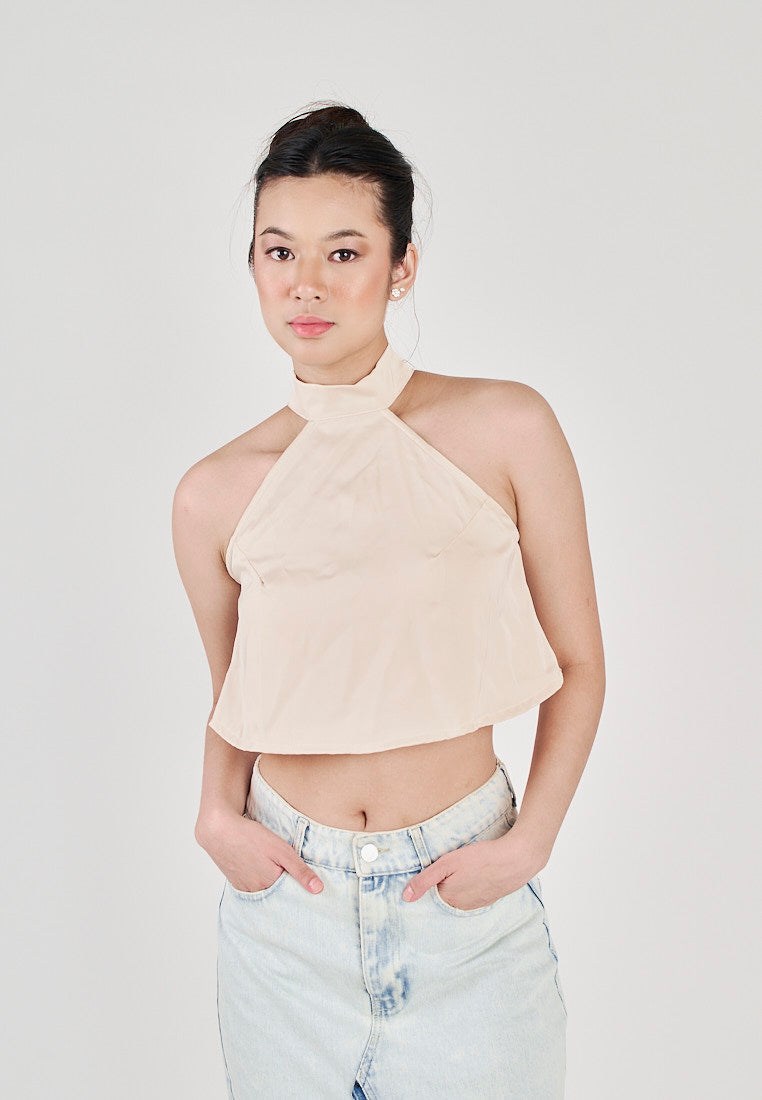 Yumi Beige Sleeveless Turtle Neck Halter Top