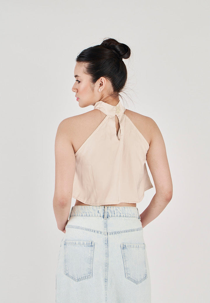 Yumi Beige Sleeveless Turtle Neck Halter Top