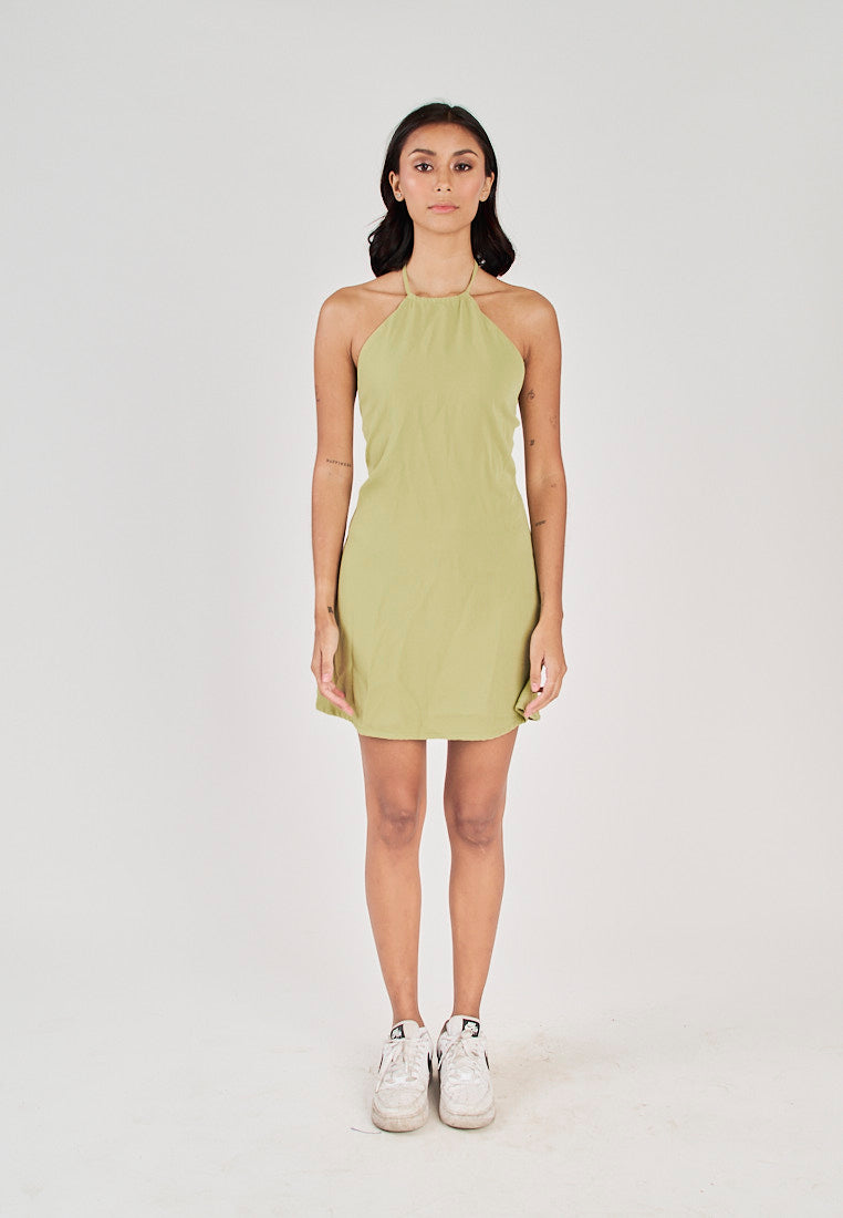 Seiji Lime Sleeveless Halter Open Zipper Back Mini Dress
