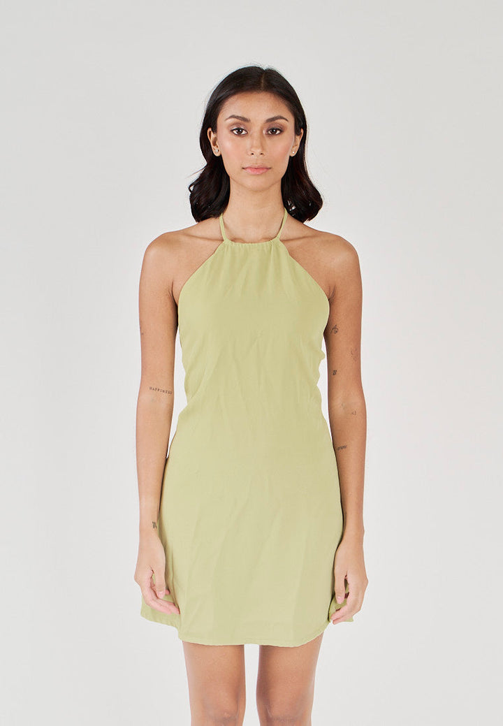Seiji Lime Sleeveless Halter Open Zipper Back Mini Dress