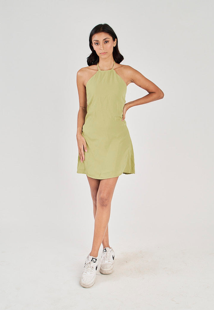 Seiji Lime Sleeveless Halter Open Zipper Back Mini Dress