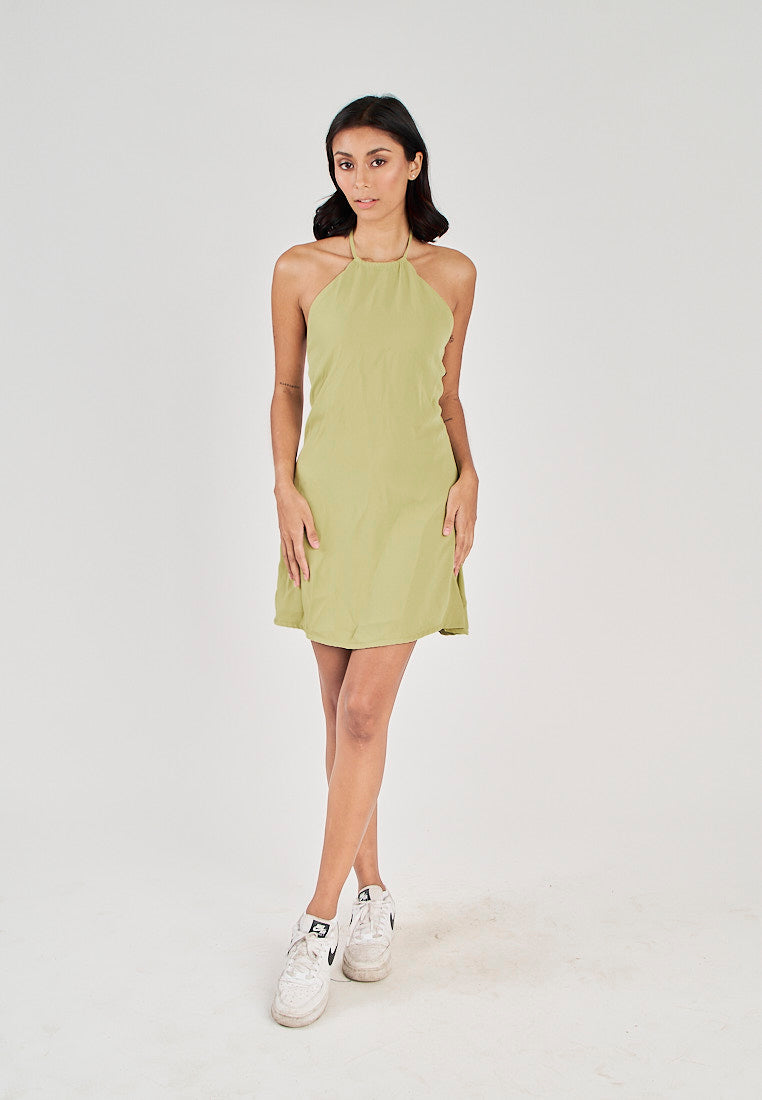 Seiji Lime Sleeveless Halter Open Zipper Back Mini Dress