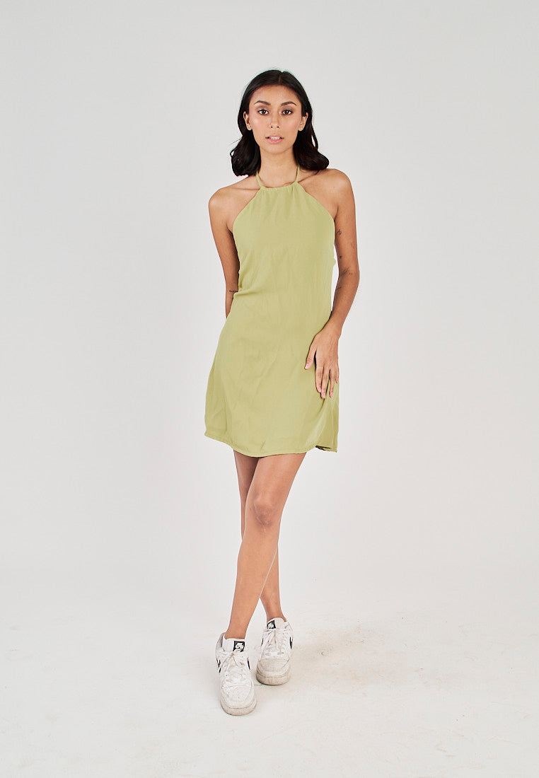 Seiji Lime Sleeveless Halter Open Zipper Back Mini Dress