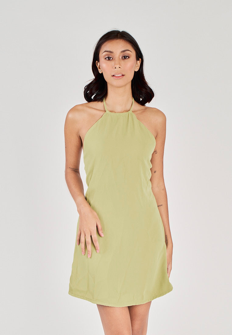 Seiji Lime Sleeveless Halter Open Zipper Back Mini Dress