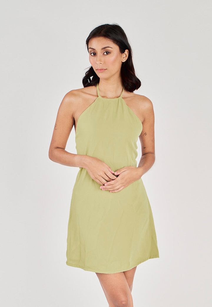 Seiji Lime Sleeveless Halter Open Zipper Back Mini Dress