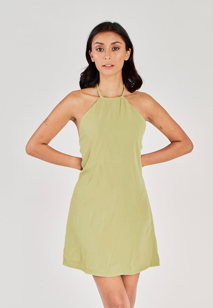Seiji Lime Sleeveless Halter Open Zipper Back Mini Dress