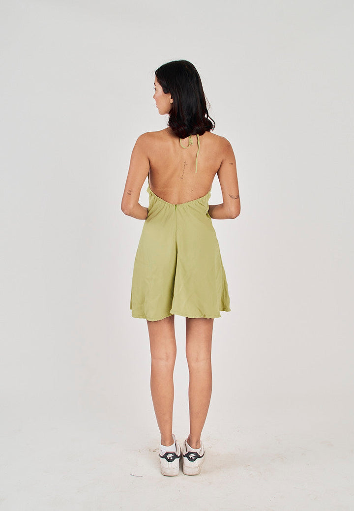 Seiji Lime Sleeveless Halter Open Zipper Back Mini Dress
