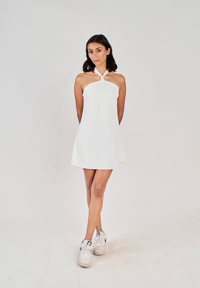 Kumiko White Sleeveless Halter Open Zipper Back Mini Dress