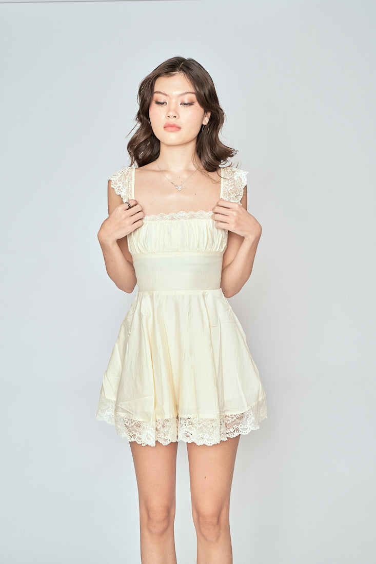 Jasper Light Yellow Square Neck Sleeveless Lace Mini Dress