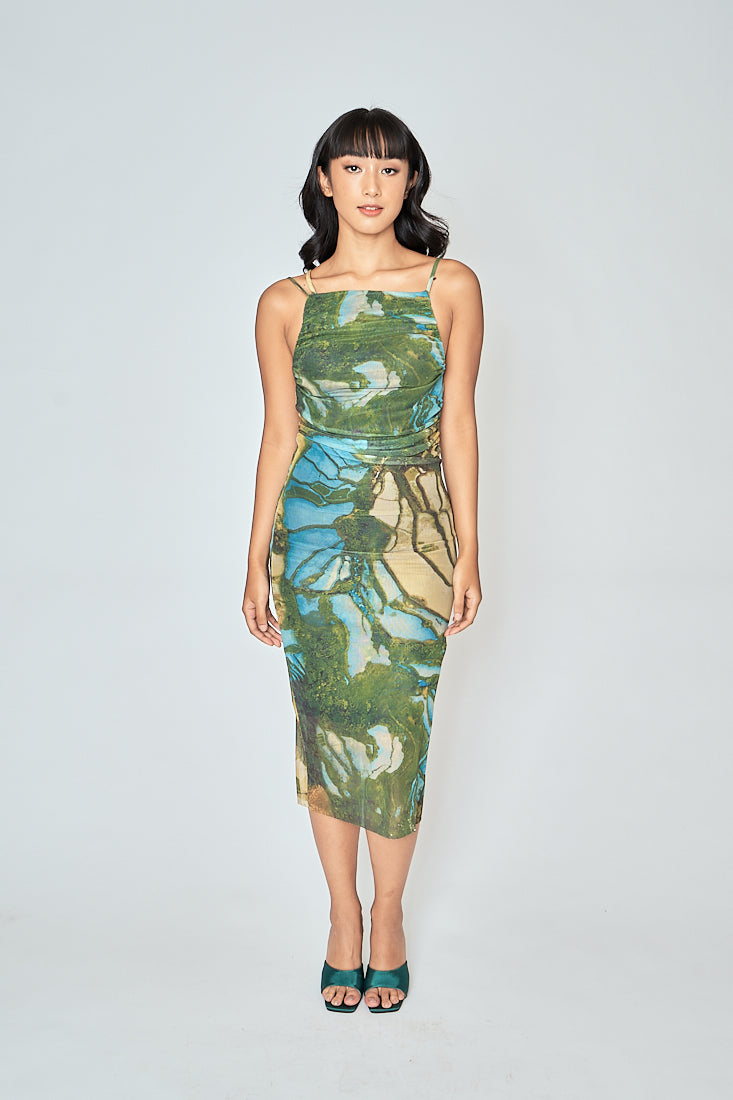 Jamie Multicolor Print Sleeveless Thin Strap Low Back Midi Dress