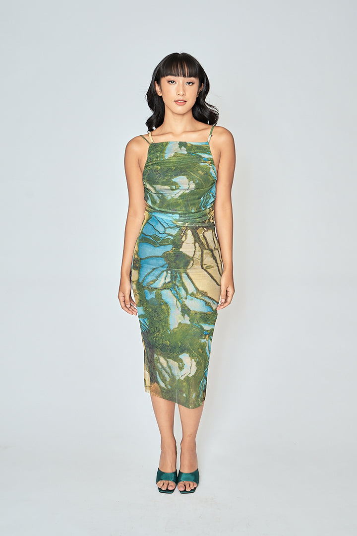 Jamie Multicolor Print Sleeveless Thin Strap Low Back Midi Dress